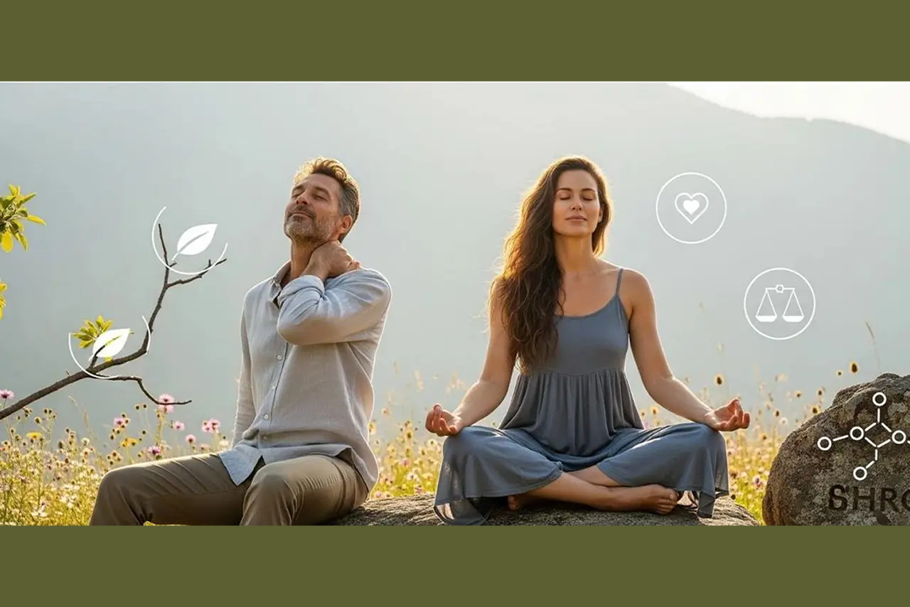 Man and woman meditating outdoors, nature background.