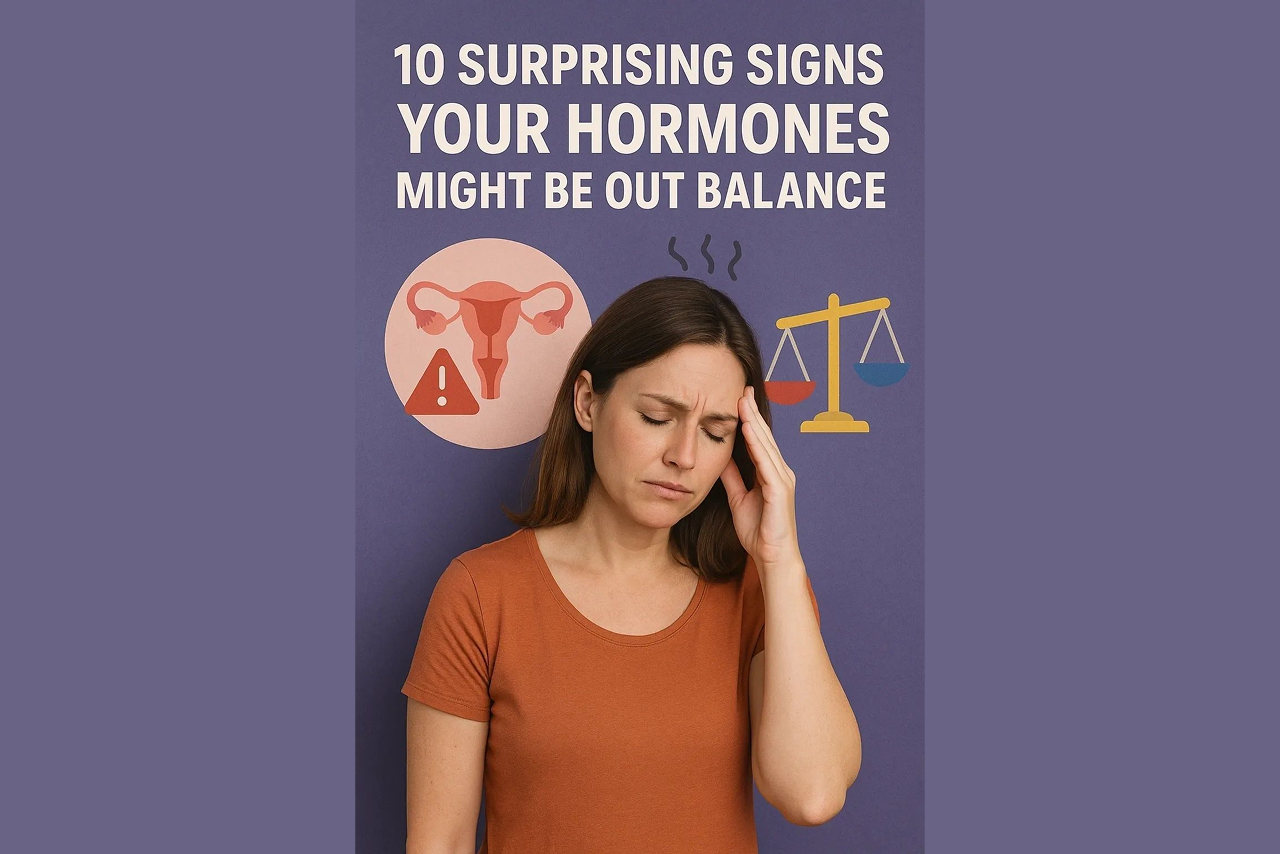 Woman worried about hormone imbalance signs.