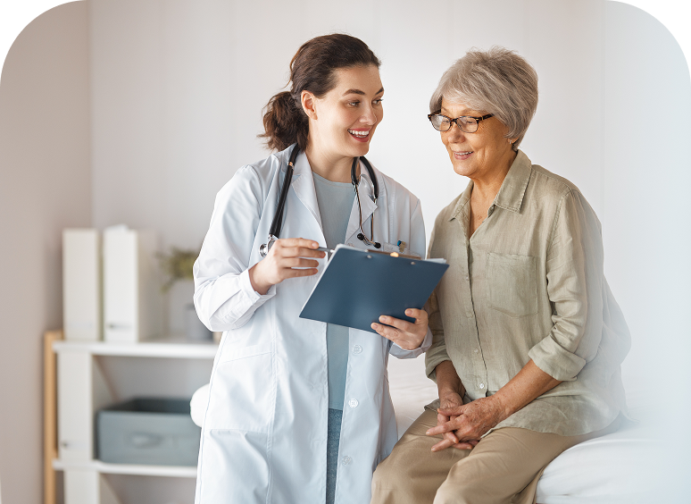 Doctor consulting with elderly patient in office.